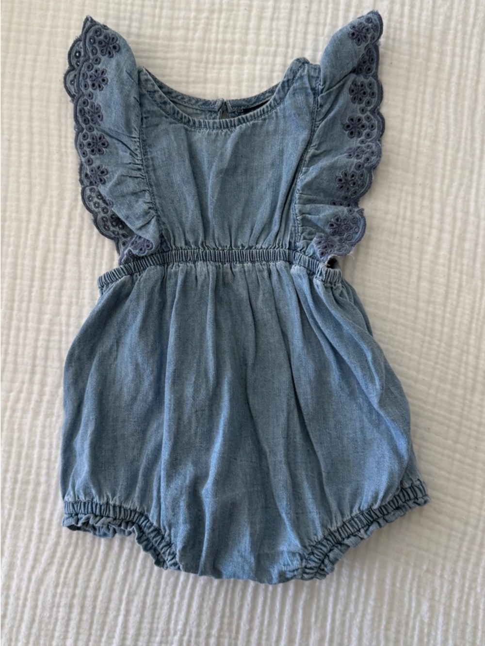 GAP Light Blue Denim Baby Girl Romper with Eyelet Ruffles